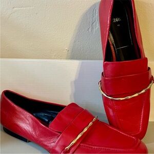 Zara Bold Red Leather Loafers with Gold Accent